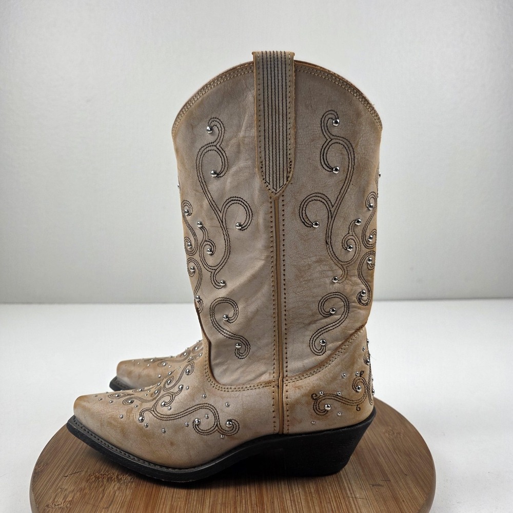 Rockin Country Boots Womens Size 6.5 Beige Leather Cowboy Western Studded RC5074